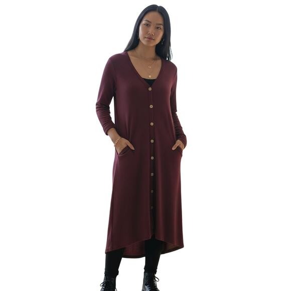 Burgundy Ribbed Long Button‑Front Cardigan L Patch Pockets NWOT - Picture 6 of 6